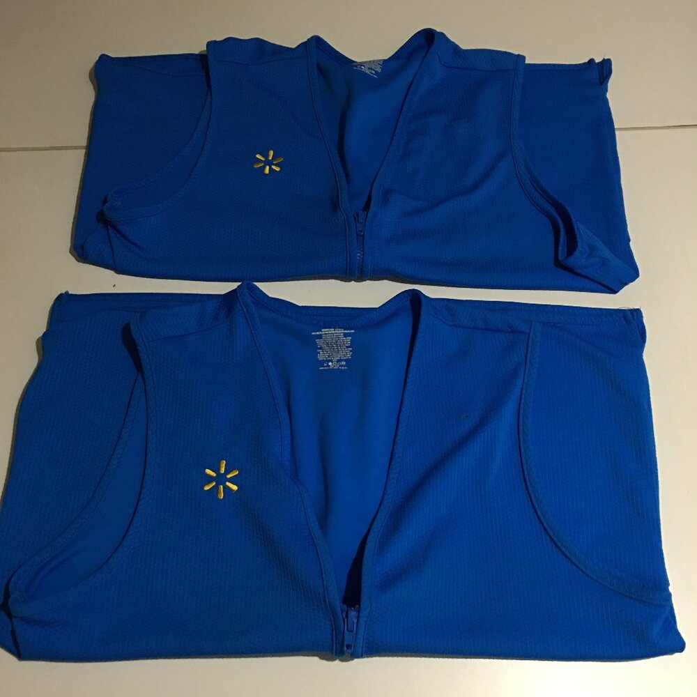 Lot of 2 Walmart Employee Vest Womens Large Blue Uniform Pockets Zip